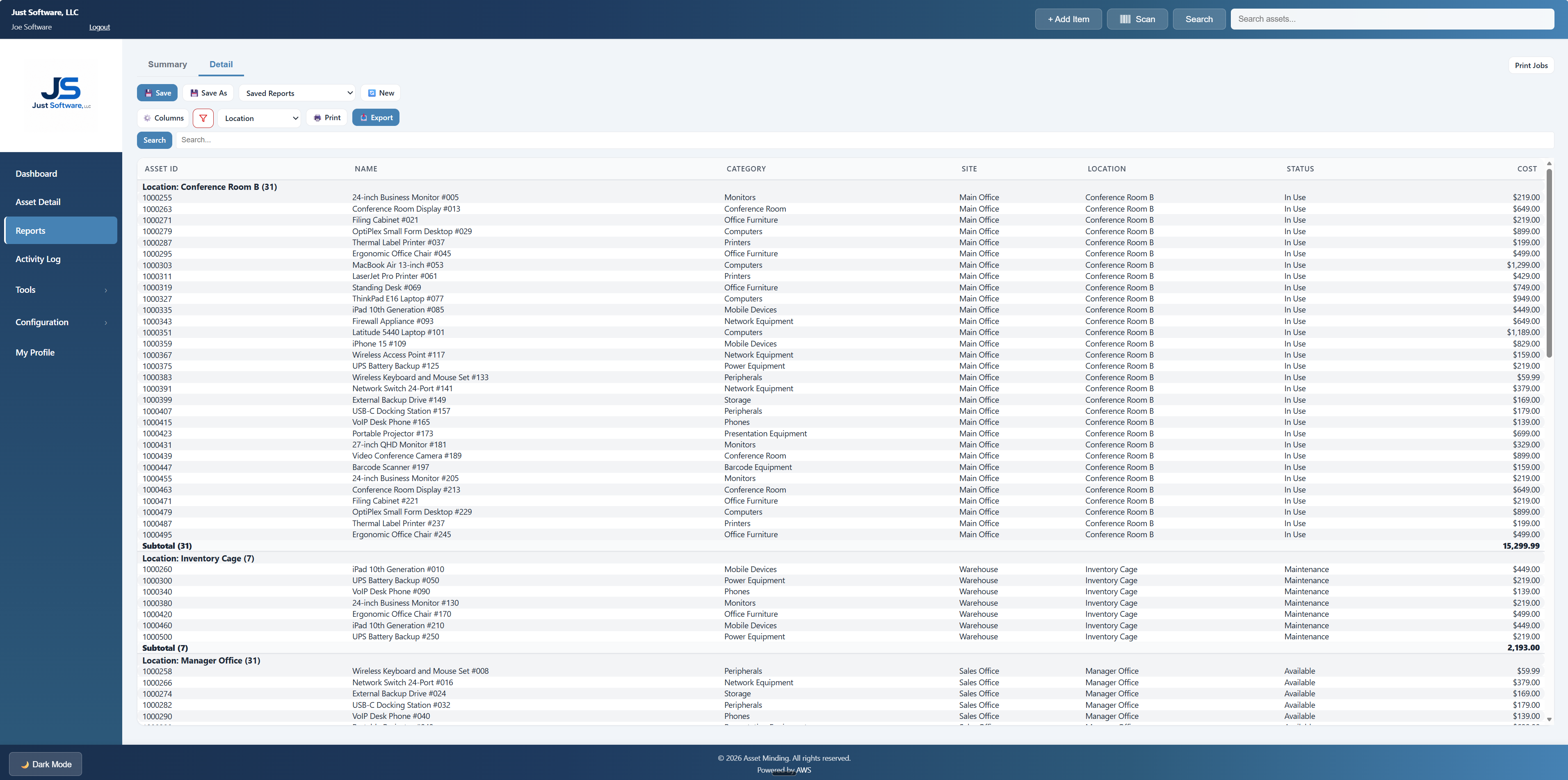 Asset Minding report detail grouped by location for a small business