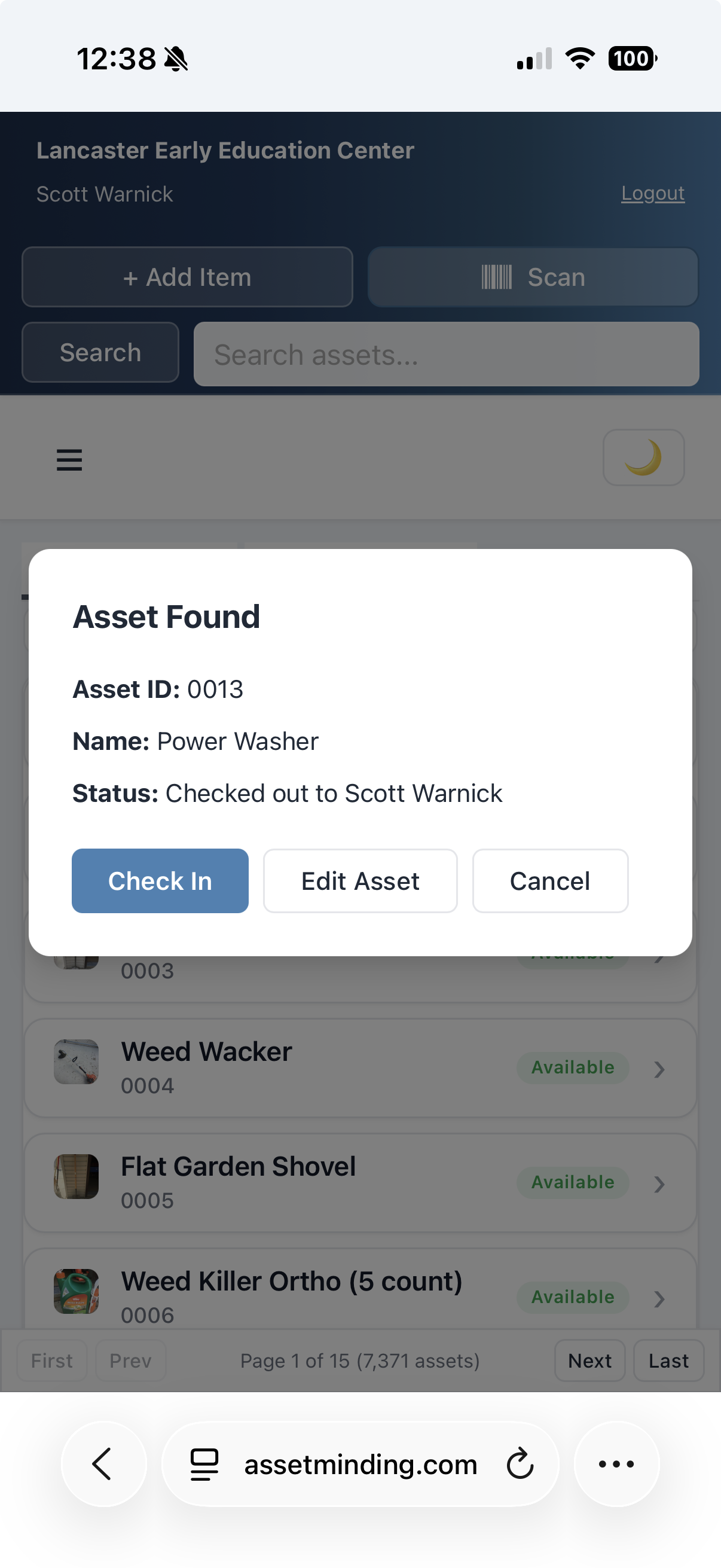 Check in an asset after scanning