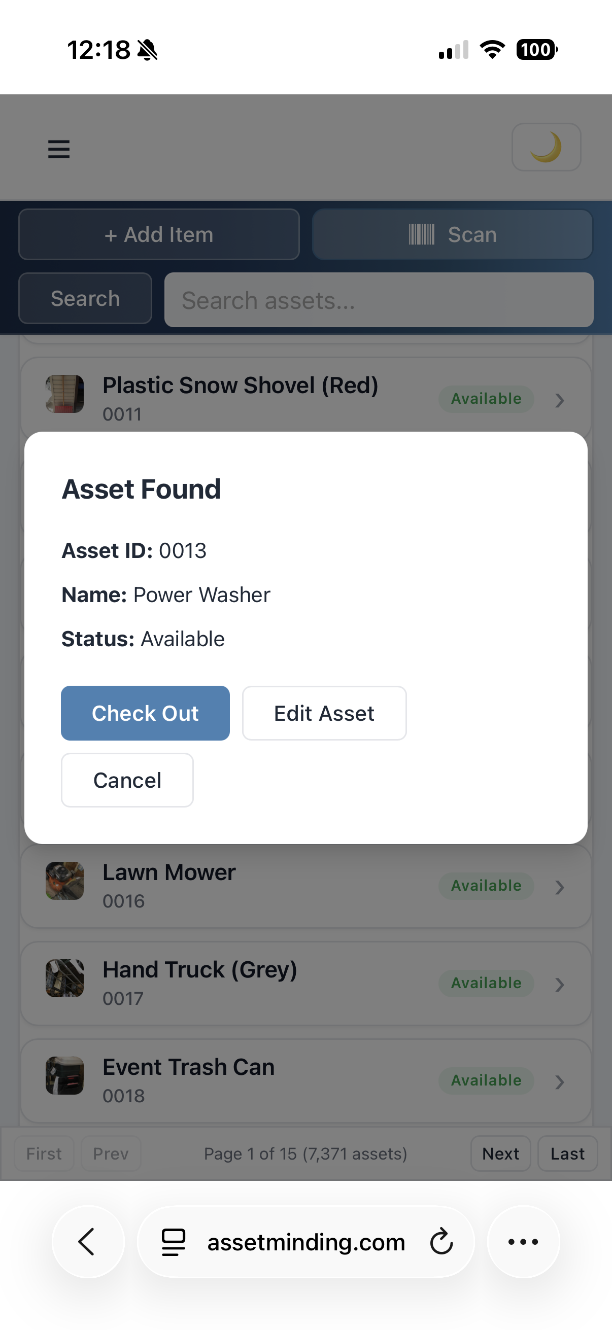 Check out an asset after scanning