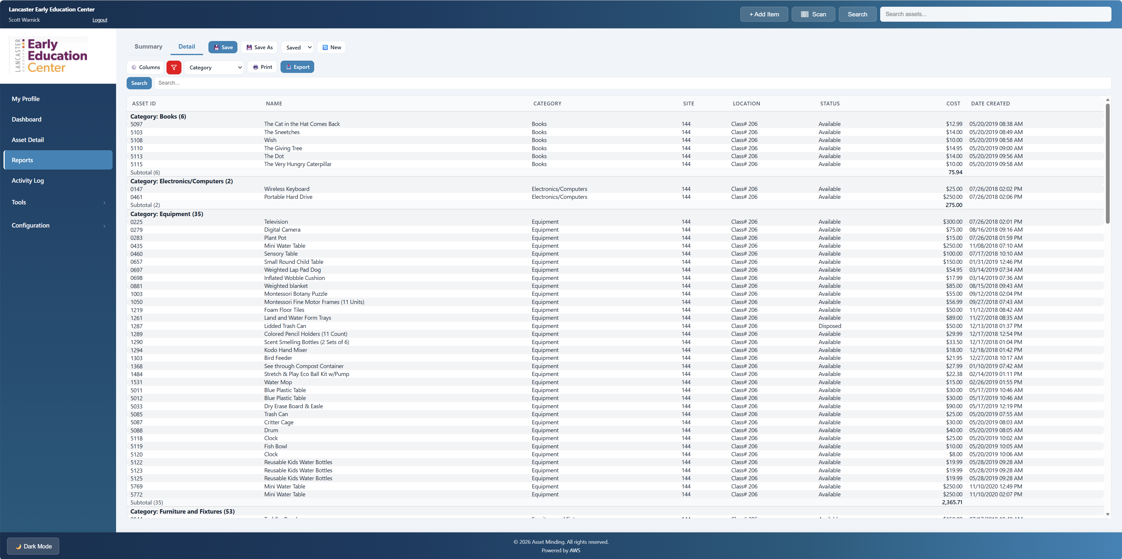 Asset detail report grouped by category